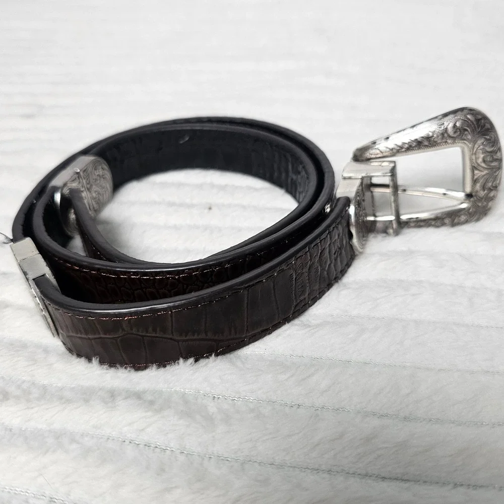Western Leather Belt 32 Brown Croc Embossed Silver Buckle Cowboy Cowgirl Rodeo - Picture 1 of 15